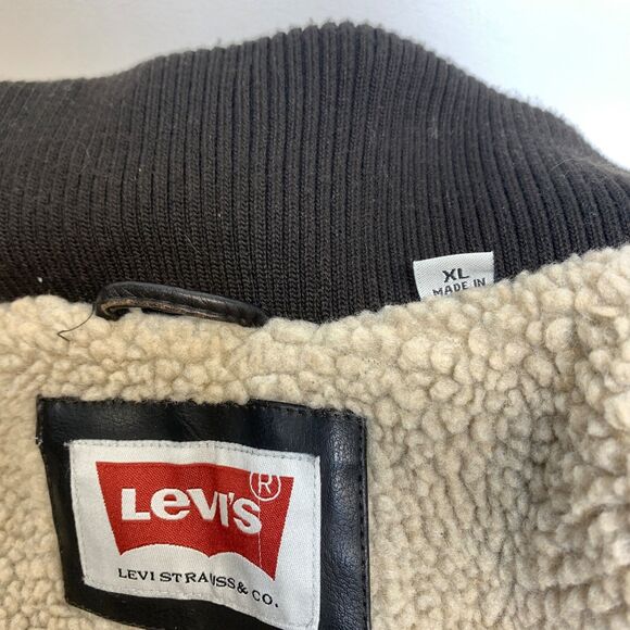 Levis Mens Sherpa Lining Faux Leather Bomber Jacket Dark Brown Size XL - Picture 4 of 9